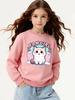 Girls' Crew Neck Sweatshirt Cute Cat Fan Girl Sticker, Soft Cozy Pullover, Warm Casual Outfit for Autumn And Winter