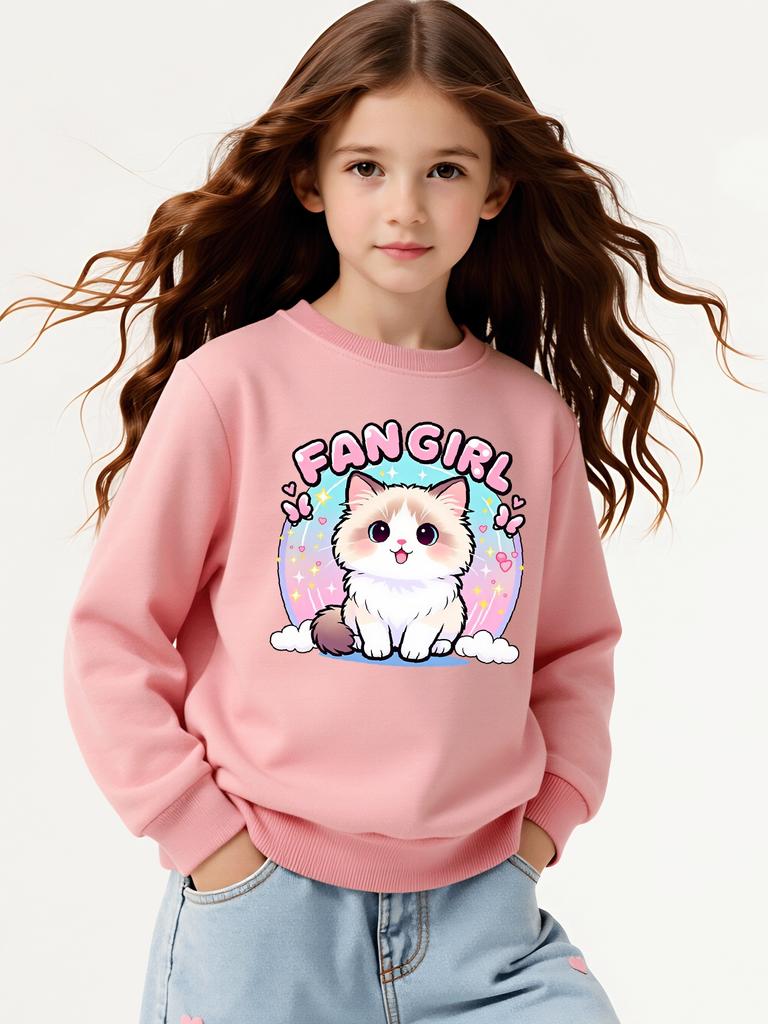 Girls' Crew Neck Sweatshirt Cute Cat Fan Girl Sticker, Soft Cozy Pullover, Warm Casual Outfit for Autumn And Winter