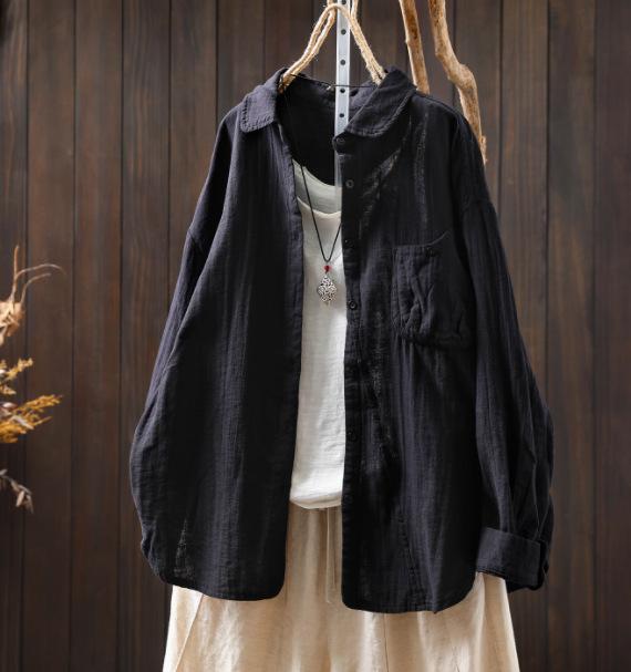 Johnature Femmes Chemises Vintage Tops Col Rabattu Patchwork Poches Blouses Automne Chemises Couleur Unie