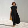 European and American women's simple gas texture super short-sleeved spring and summer thin long French pleated dress