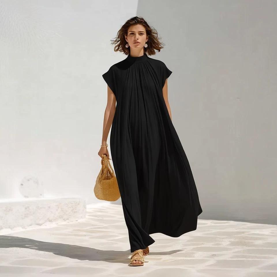 European and American women's simple gas texture super short-sleeved spring and summer thin long French pleated dress
