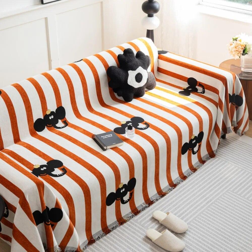 Cartoon Elephant Sofa Cover Sofa Towel Chenille Color Stripe Couch Cover Pet Mat Living Room Sofa Slipcover Throw Blanket
