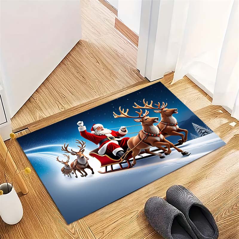 Santa Claus Reindeer Sleigh Snowy Starry Sky Print Area Rug Non‑Slip Rectangular Floor Mat Home Decor