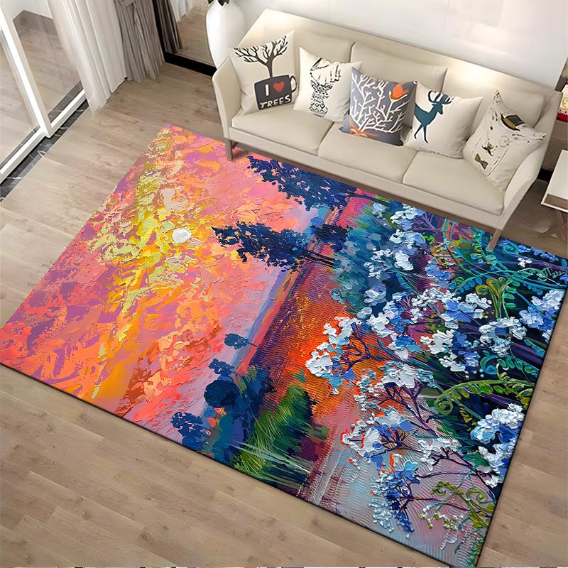 Colorful Sunset Landscape Carpet with Flowers and Artistic Design Suitable for use as an anti-slip for living room bedroom sofas