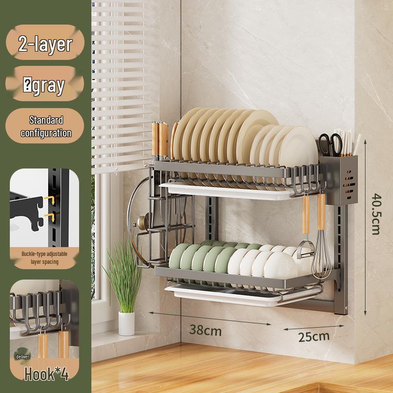 No-Punch Wall-Mounted Dish Drying Rack with Plate and Chopsticks Holder