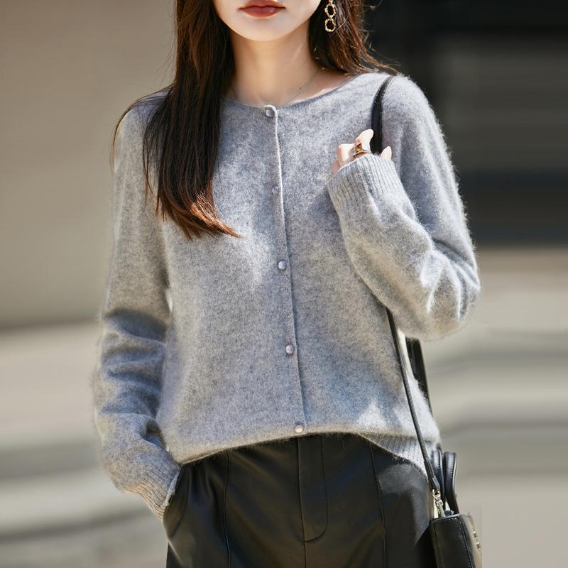 Women's Korean-Style Brushed Wool Cardigan - Round Neck, Chic Knit Outerwear Sweater, New for 2025.