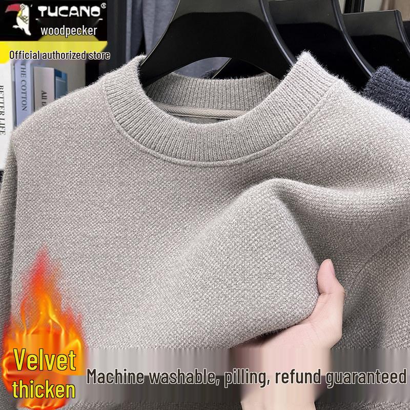 Woodpecker Men's Plus Velvet Thick Knit Sweater - Autumn/Winter Round Neck Long Sleeve Sable Velvet Warm Base Layer.