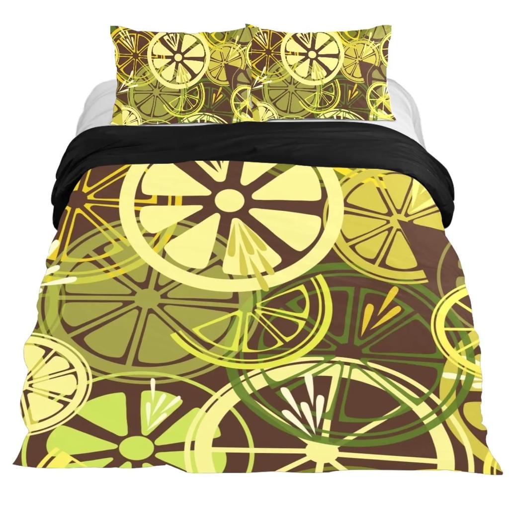 Lemon Duvet Cover Set,Bedding Set 3pcs for Teens Room,Botanical Natural Bright Yellow and Black Quilt Cover with 2 Pillowcases