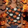 Women's Casual Halloween Print V Neck Three Quarter Sleeve Top Lightweight Comfortable Fit Seasonal Shirt for Everyday Wear