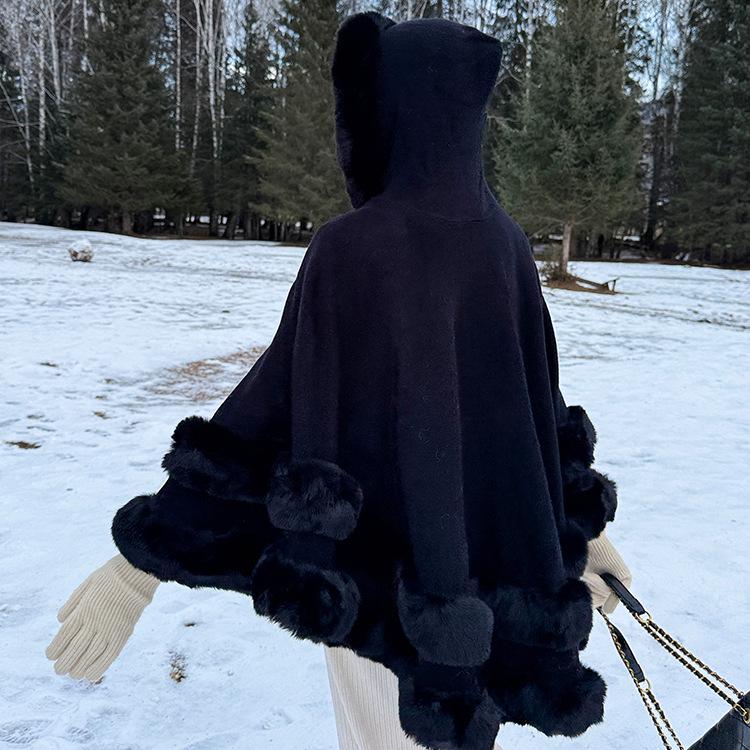 Chal de Punto con Cuello de Piel y Capa para Mujer - Versátil Cálido Bidireccional Otoño/Invierno