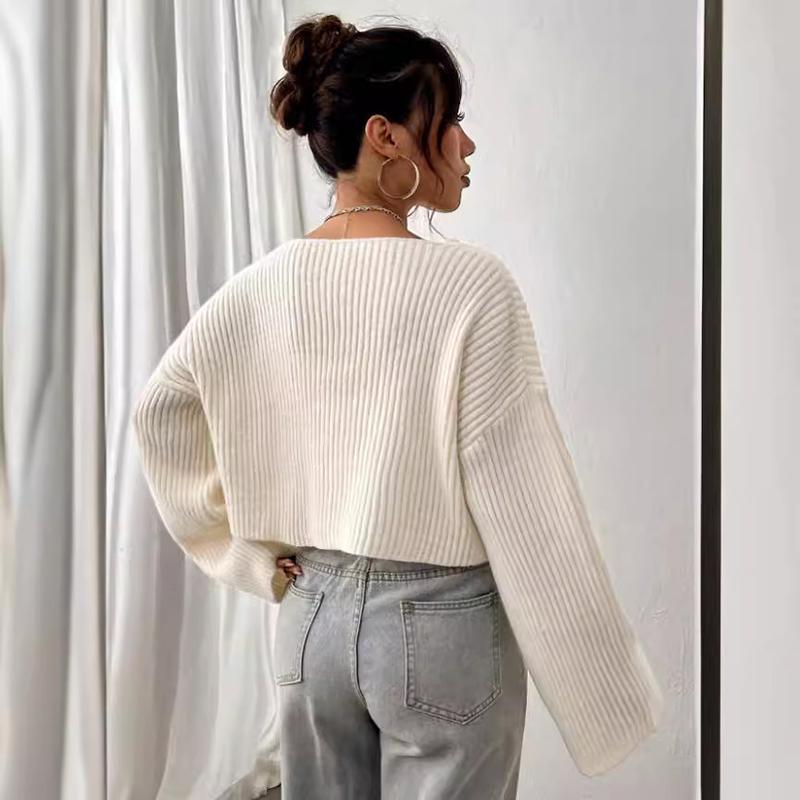 Women Autumn Winter V Neck Sexy Long Sleeve Wardrobe Staple Solid Color Comfy Loose Pullovers Knitted Sweater Top