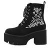 Fashion Retro Gothic Style Embroidered Flower Boots Women Platform Wedge Black Suede Heel Thick Bottom Ankle Boots With Zipper