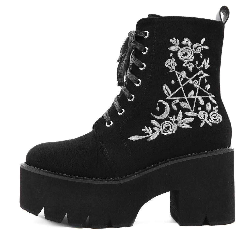 Fashion Retro Gothic Style Embroidered Flower Boots Women Platform Wedge Black Suede Heel Thick Bottom Ankle Boots With Zipper