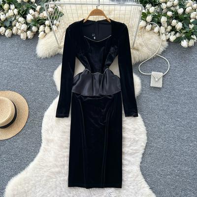 Autumn Winter Women Vintage Hepburn Style Beading Black Velvet Office Work Slim Bodycon Pencil Dresses