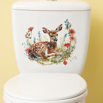 Fun-m116 Cartoon Sika Deer Flower Green Plant Toilet with Bathroom Bathroom Beautification Wall Sticker