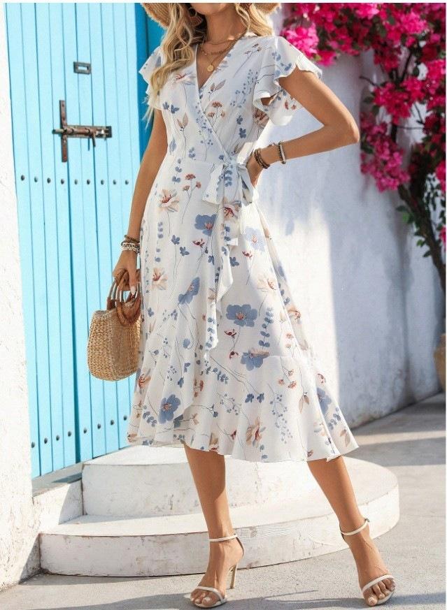European and American women's clothing 2026 summer printed ruffle edge short-sleeved lace-up dress