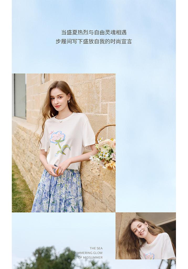 Fragrant Shadow Dopamine Printed White T-shirt for Women, 2026 Summer New Edition, Lyocell Loose Casual Short Sleeve Thin Top