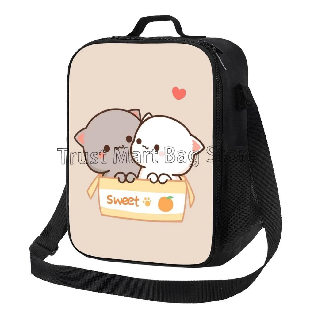 Cartoon Peach and Goma Mochi Cat Insulated Lunch Bag Resuable Leakproof Cooler Thermal Bento Bag with Adjustable Shoulder Strap