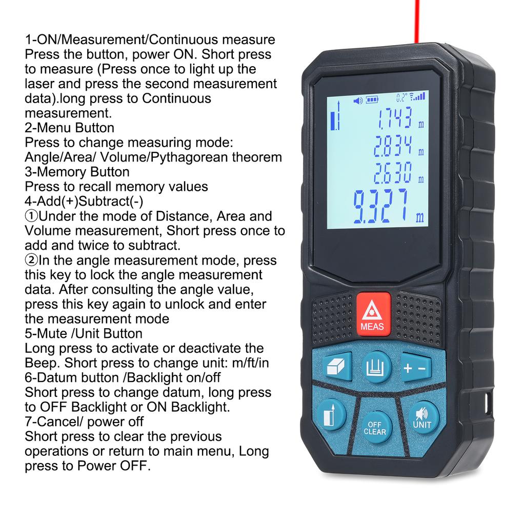Distance Meter Angle Sensor with 2inch Backlit LCD Screen High Accuracy Multi Measurement Modes Pythagorean Distance Area Volume Angles Measure