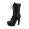 Women's Punk Style Lace-Up Mid-Calf Boot Belt Buckle Platform High Heel Short Boot Women White Round Toe 12cm Square Heel Shoes
