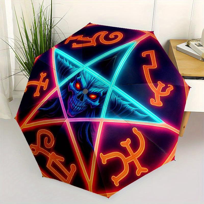 Neon Pentagram Skull Art Print, Mystic DecorUmbrella with Cute Design, Portable 3-Fold Compact Umbrella for Men & Women, Valentine's Day Mother's Day