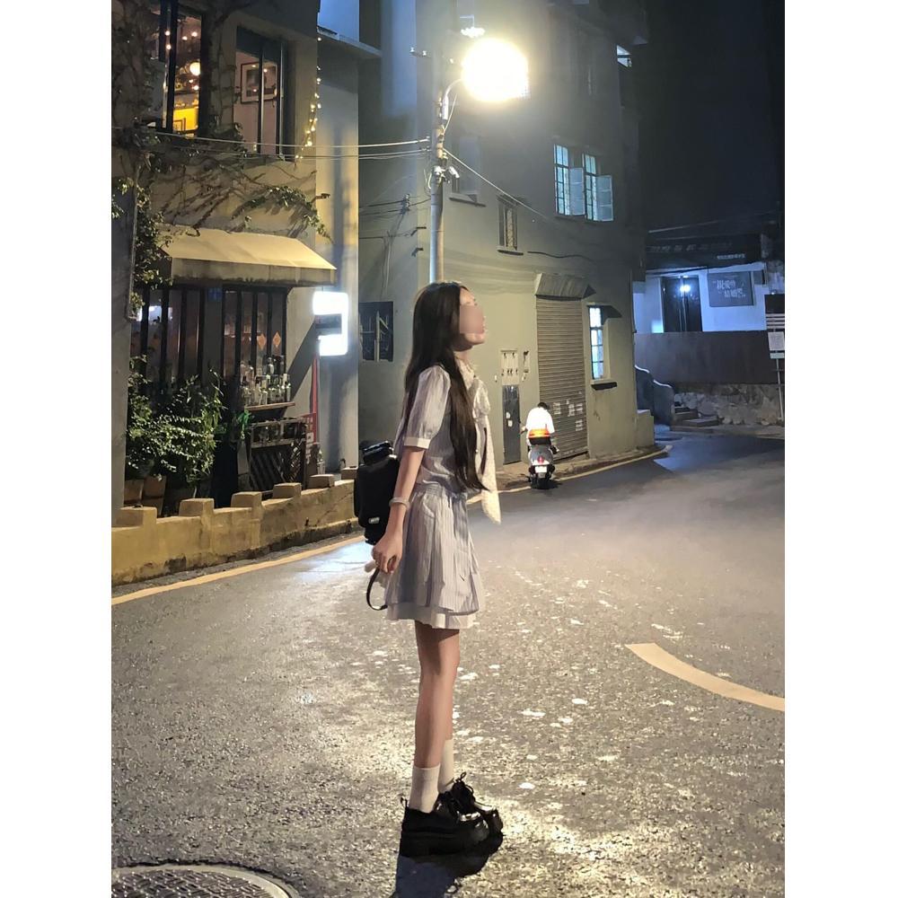 College style splicing contrasting color striped short-sleeved dress women's summer new loose casual bow lace-up skirt