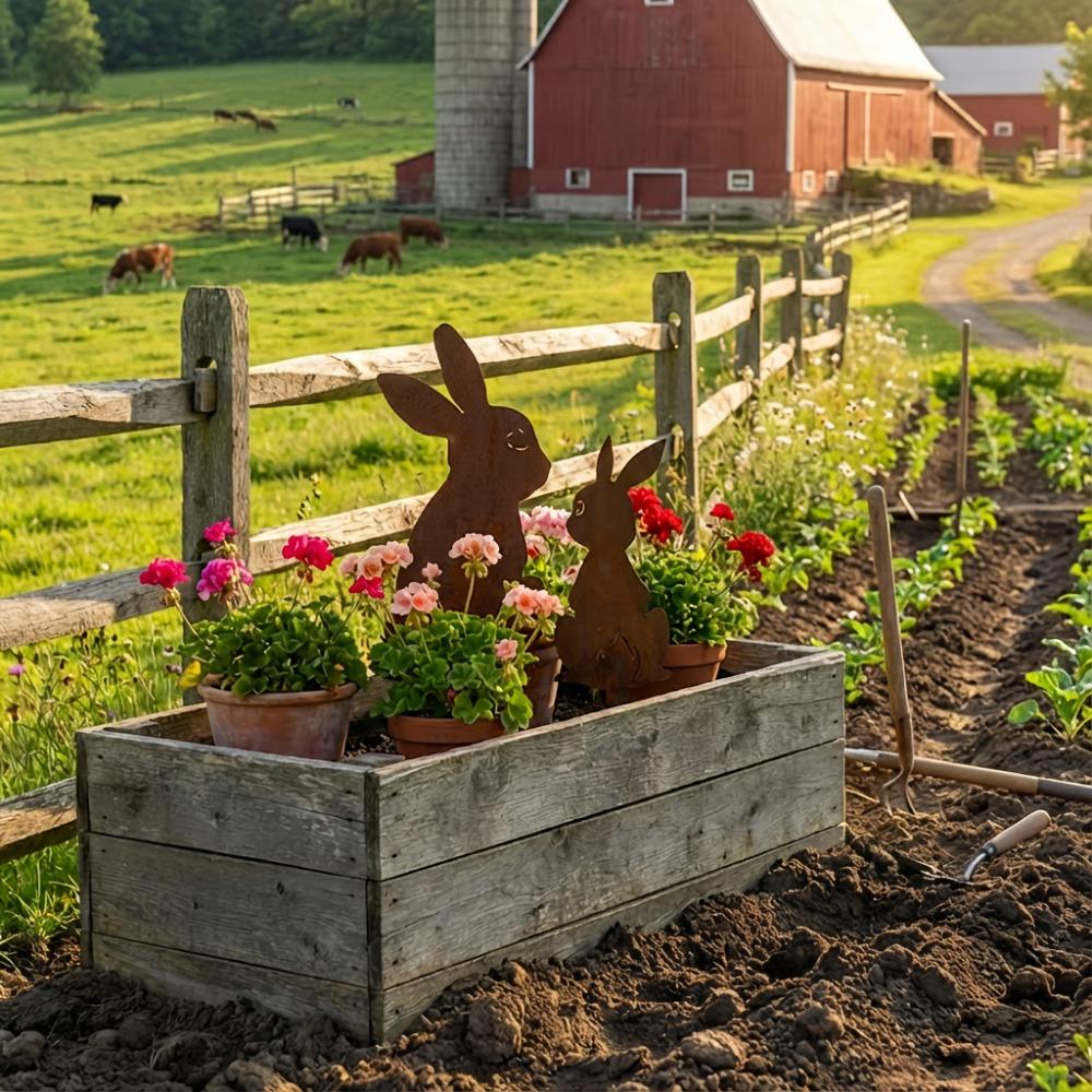 2PCS Rustic Metal Rabbit Garden Stakes Easter Yard Art Lawn Decor
