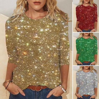 Women T-shirt Crew Neck 3/4 Sleeves Glitter Pullover Tops Shiny Sequins Solid Color Shimmering Blouse