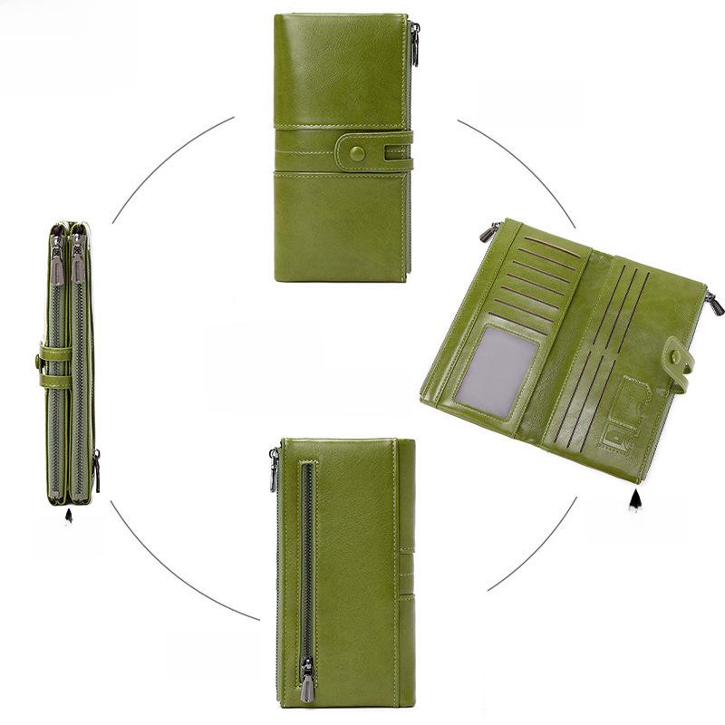 Portofel Lung & Plic Dublu cu Fermoar, Anti-Furt RFID, din Piele Cerată pentru Femei - Stil Retro European & American