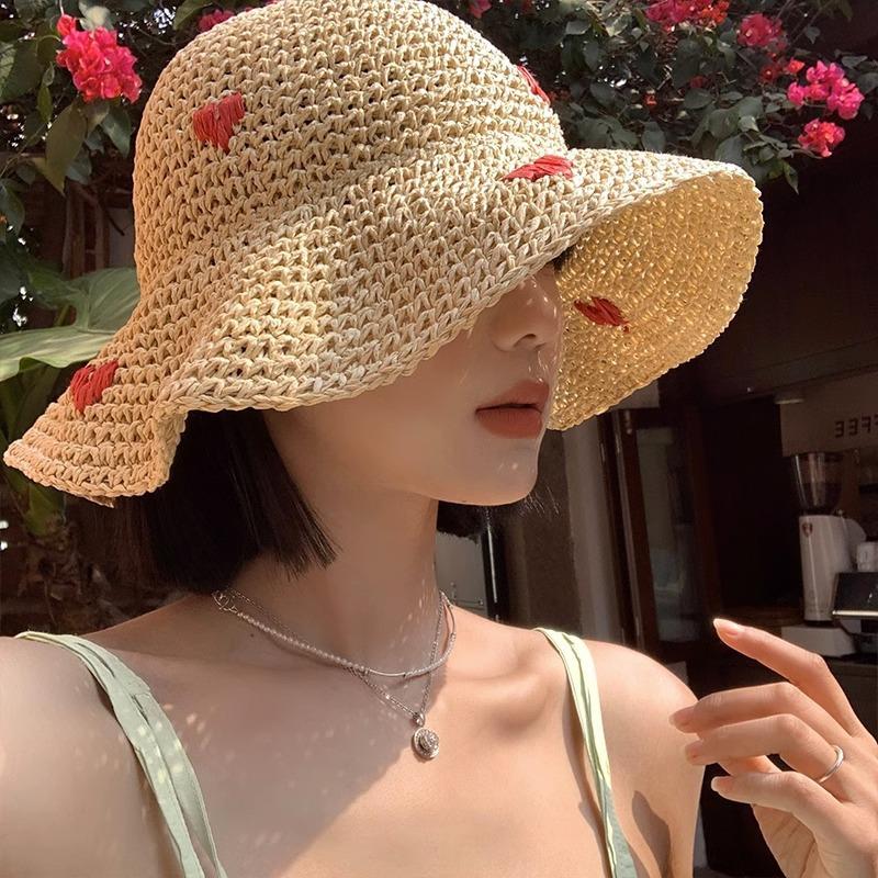 Hyunya Wind Colored Wood Beads Straw Hat Women's Summer Big Brim Straw Bucket Hat Foldable Seaside Sunshade Sunscreen Hat
