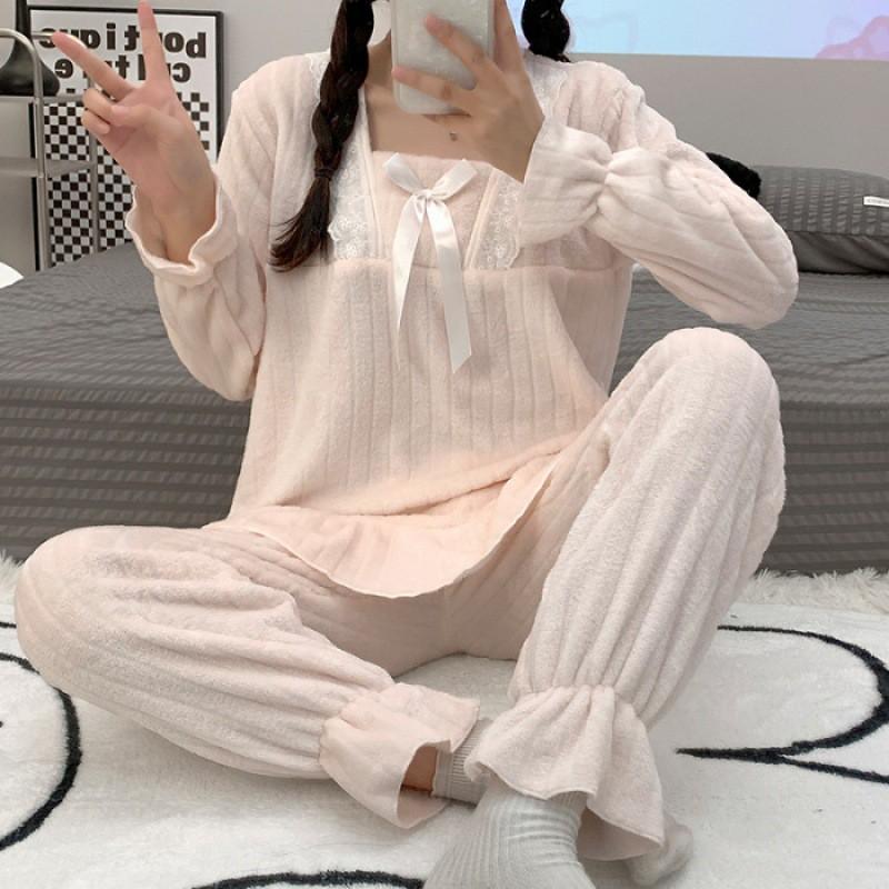 Womens Winter Flannel Pajama Set Thick Warm Cozy Lounge Wear Korean Style Sweet Casual Home Outfit