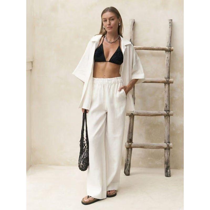 

Western Style New Casual Loose Short sleeve Shirts Trousers Set Loose Shirt and Pants Set White L