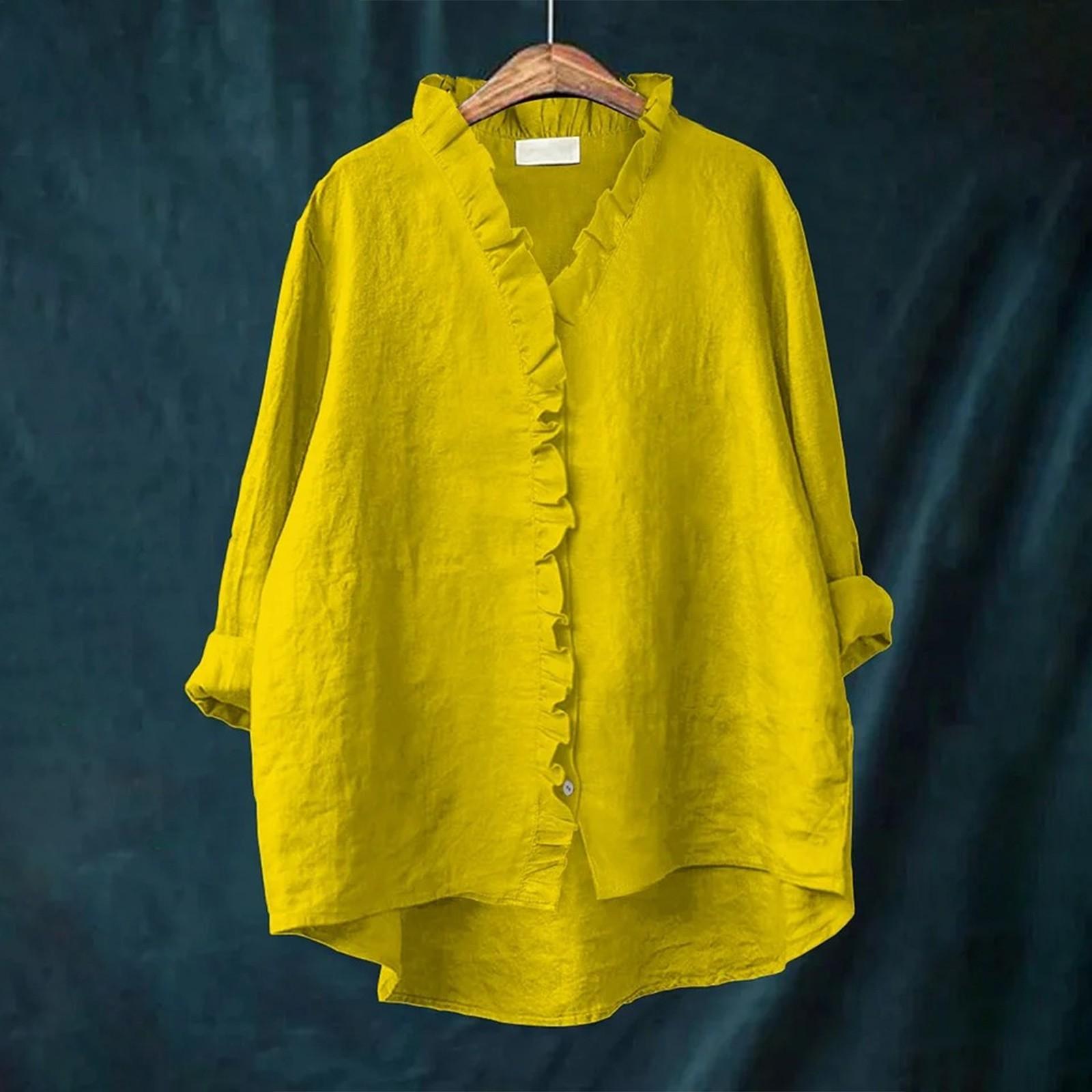 

Женский свободный топ с оборками, однотонный, со стойкой, с длинными рукавами, из хлопка и льна XXL жёлтый