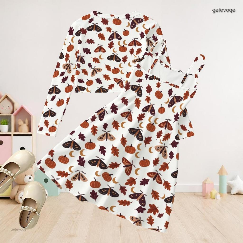Girls White Halloween Two Piece Outfit Long Sleeve Cardigan Sleeveless Dress Pumpkin Bat Bow Print