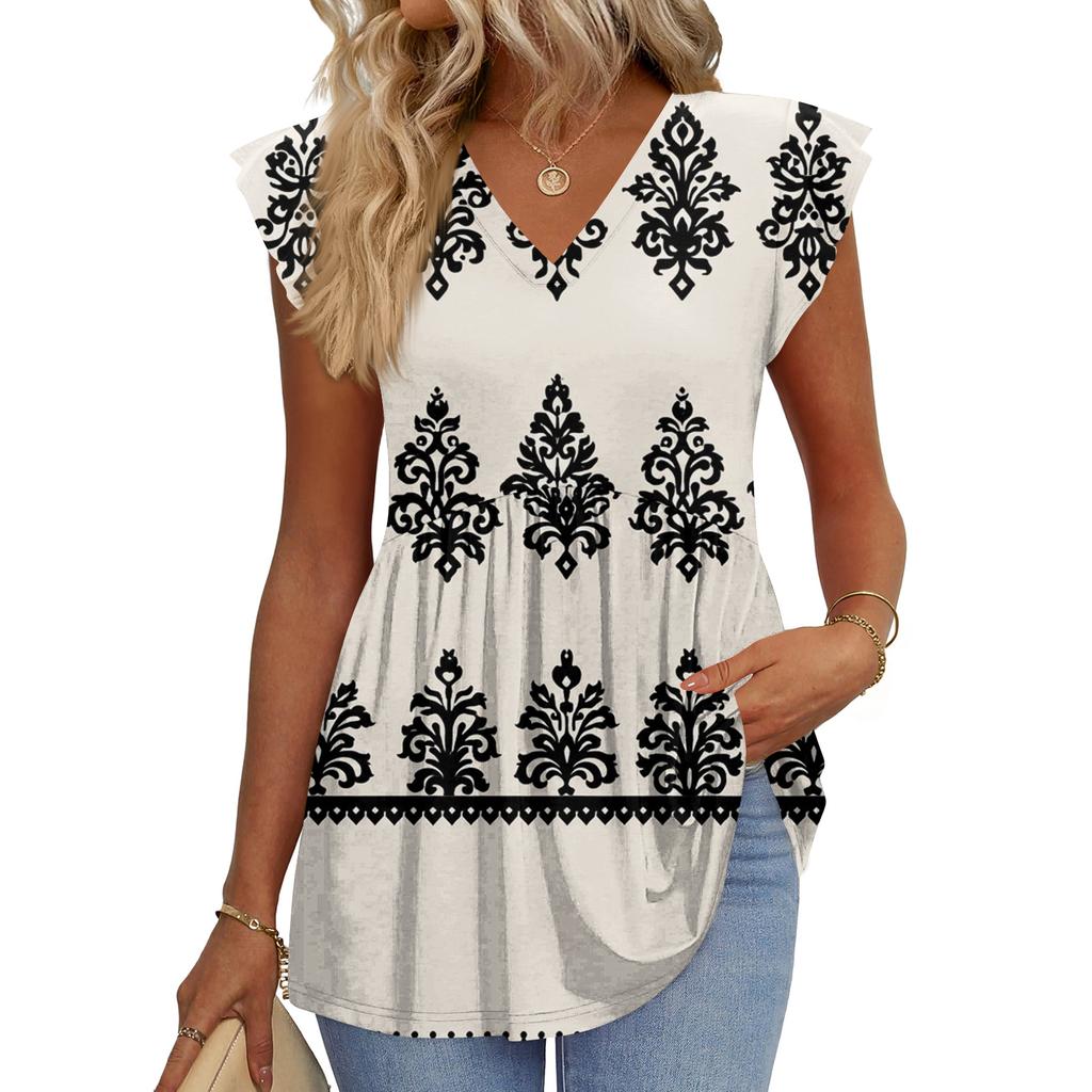 Womens Tops Fashionable V-neck Ruffled Sleeve Short-sleeved T-shirt Business Blouses
