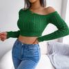 Autumn Winter Women Fashion Long Sleeve Cropped Knit Sweater Solid Color Off Shoulder Tops S-L