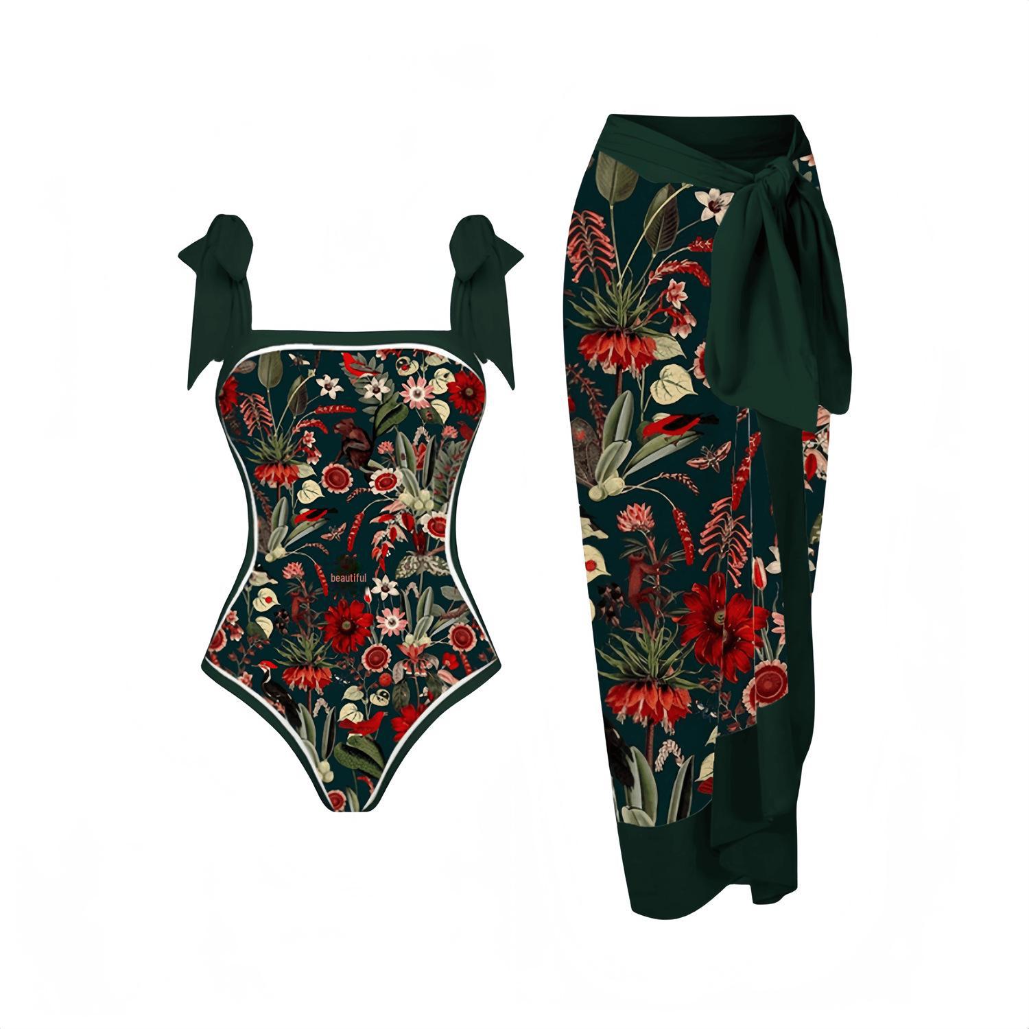 

2024 Европейский и американский женский купальник для защиты от солнца - Комплект из двух частей с пляжным принтом, Консервативный стиль. 3XL