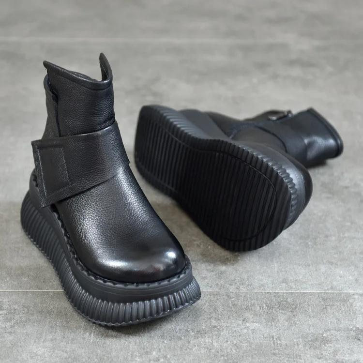 Johnature Plush Genuine Leather Women's Cotton Boots Casual Side Zipper Thick Soled Wedges Short Boots