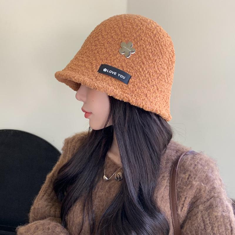 Korean New Autumn and Winter Hat for Women Metal Label Imitation Lamb Wool Fisherman Hat for Winter Warm Face-showing Small Basin Hat