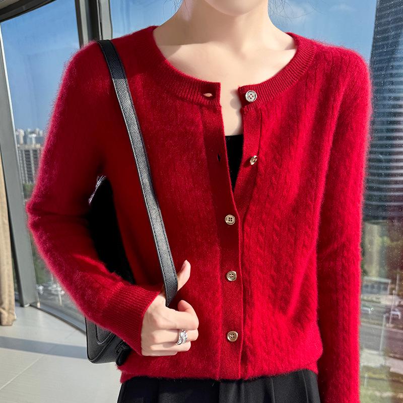 2026 Autumn/Winter Women's Soft Chunky Cable Knit Wool Cardigan Sweater - Round Neck Solid Color Top