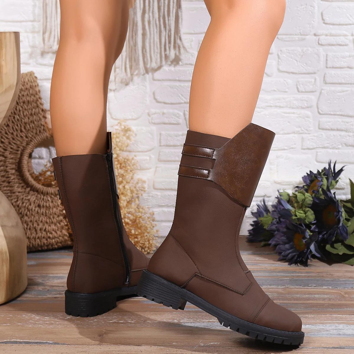 

Spring/Autumn Square Heel Mid-Calf Modern Boots for Women 2024 Fashion Rubber Low Ladies Shoes Round Toe PU Boots Bota Feminina 41 коричневий