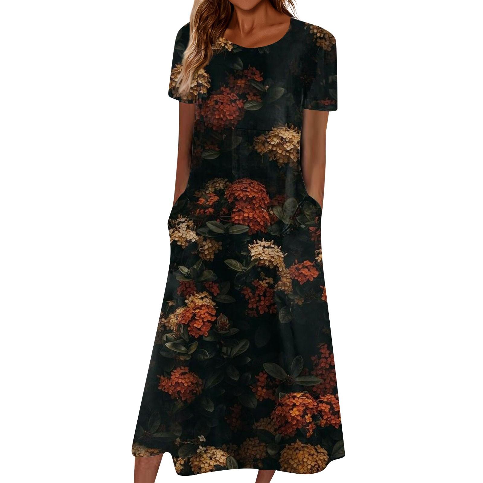 

Летнее платье для женщин, повседневное пляжное свободное платье с v-образным вырезом и короткими рукавами с принтом L чёрный