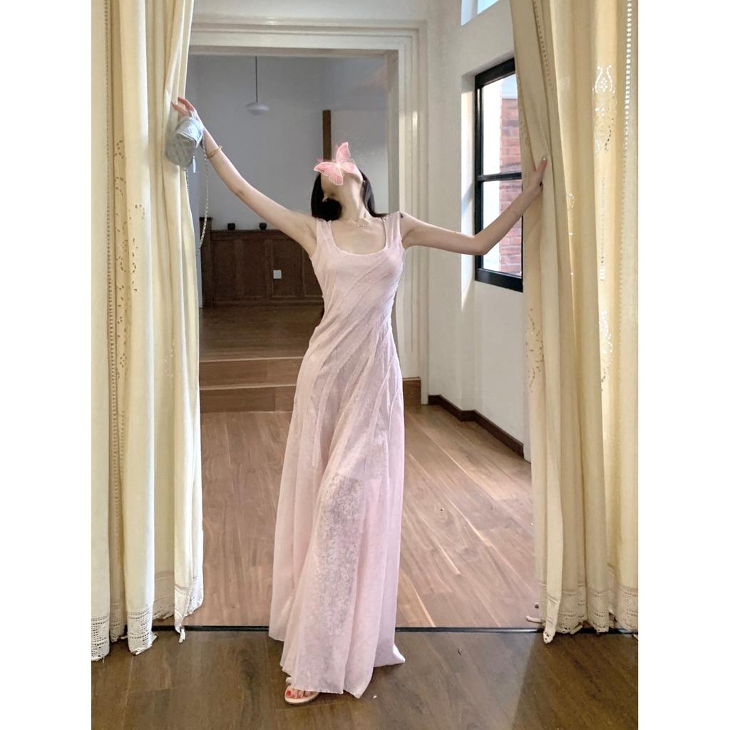 Pink u-neck sleeveless vest dress women's summer slim-fit waist lace skirt design Spice girl a-word long dress