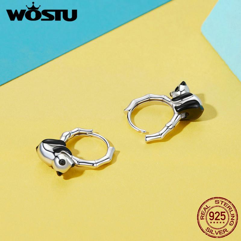 WOSTU 925 Sterling Silver Top Quality 3D Panda Hoop Earrings For Women Chinese Lovely Panda Drop Earring Holiday Jewelry Gift