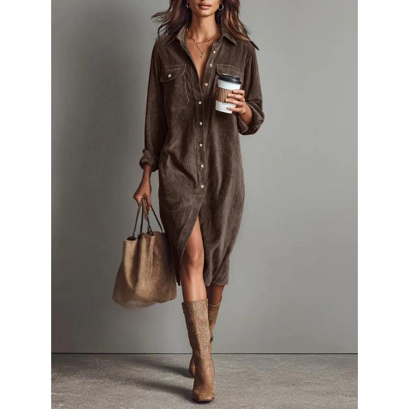 QICED Women's Fashion Solid Color Print Long Sleeve POLO Neck Casual Dresses