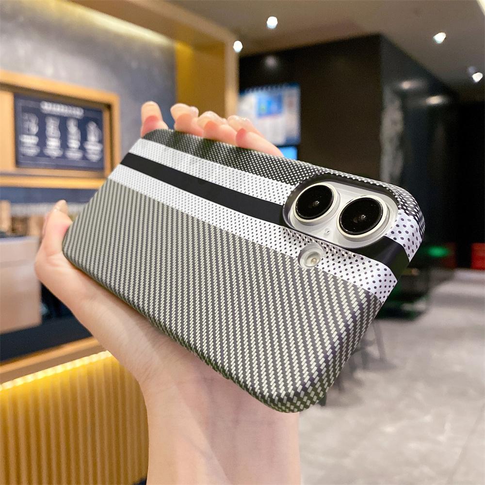 Carbon Fiber Kevlar Pattern PC Case For iPhone 17 Air 16 15 14 Plus 13 12 11 Pro Max Shockproof Splice Retro Lines Cover