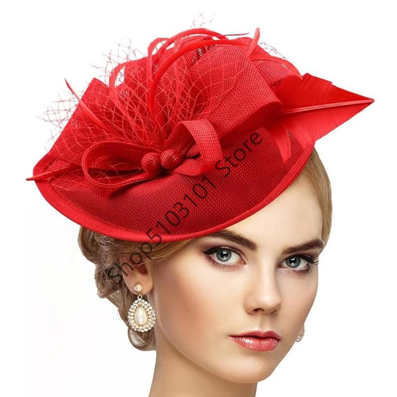 Vintage Exquisite Feathers Fascinator Hat Bowknot Elegant Tea Party Mesh Hair Band Sweet Hair Hoop Bride Headdress Dance Show
