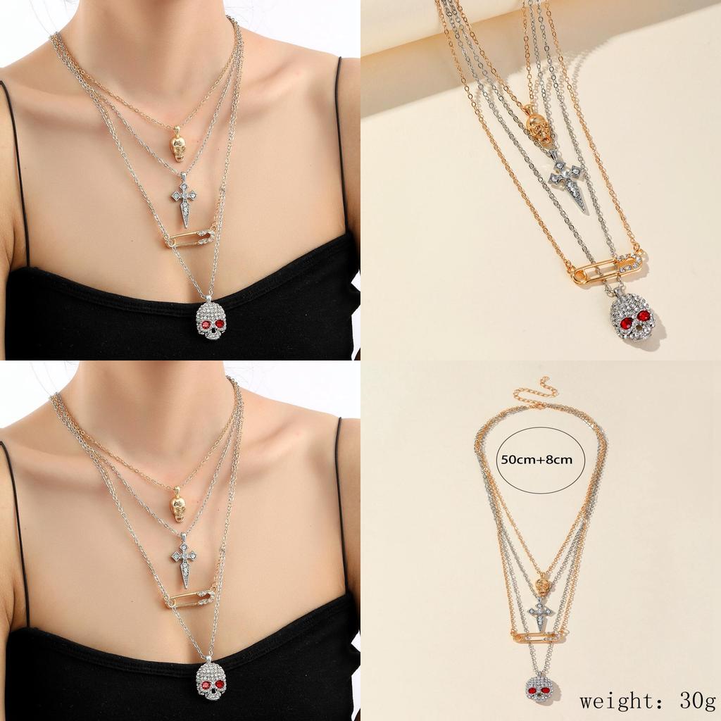 Gothic Skull Water Diamond Pendant Necklace With Water Wave Chain For Womens Fashion Accessory