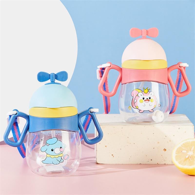 New Cartoon Handle Children's Plastic Straw Cup 360ml Ideal For Kindergarten With Shoulder Strap Pink/blue
