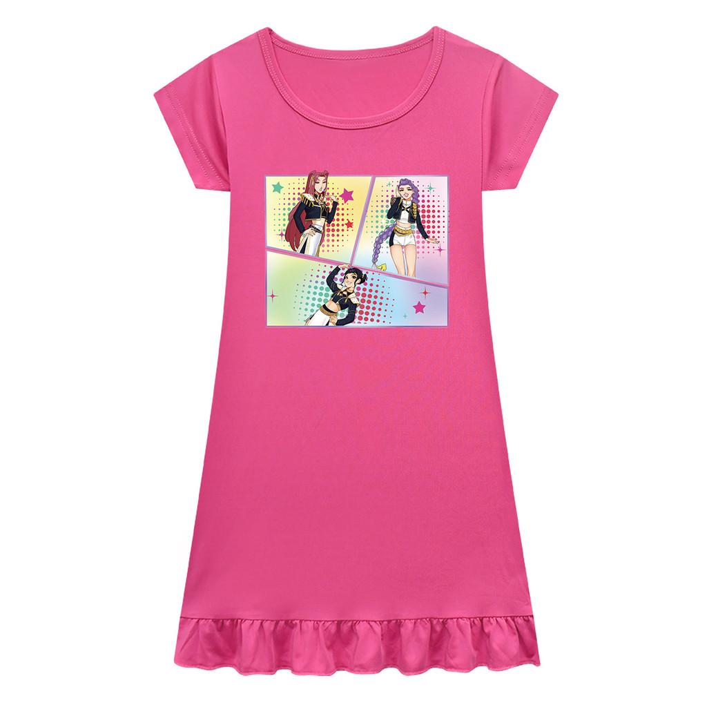 Barn Flickor Anime Tecknad K-POP Rumi Tryck Plisserad Kortärmad Casual Rundhalsklänning